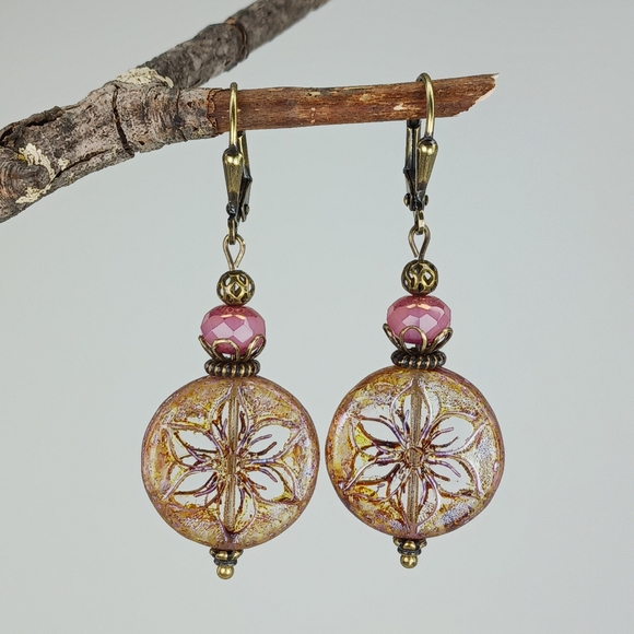 HAND CRAFTED Pink Bronze Artisan Glass Flower Boho Vintage Style Dangle Earrings - Picture 4 of 6